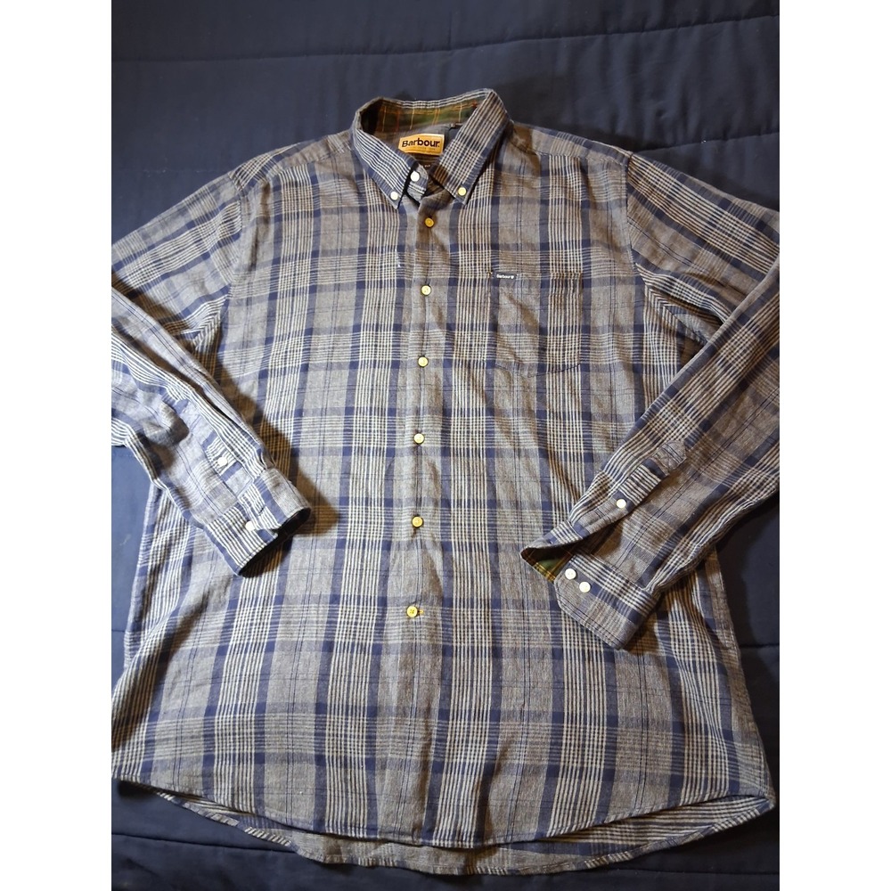 Barbour Shirt Mens XL Gray‎ Blue Plaid Long Sleeve Button Down Casual